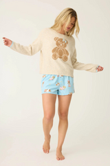 Antique White Beary Cute Bear Print Flannel Shorts Pajama Shorts