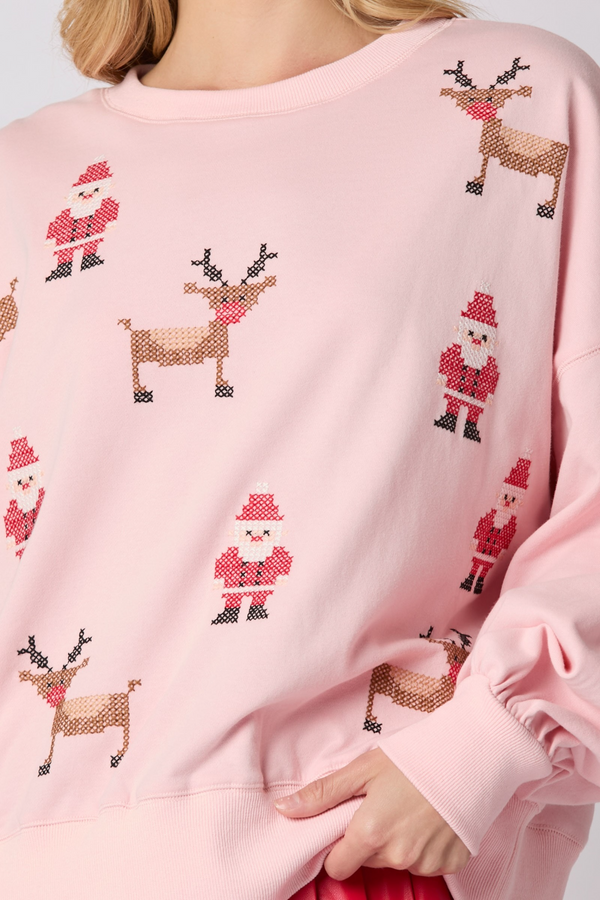 Pink Santa & Rudolph Cross Stitch Embroidery Sweatshirt Sweatshirt
