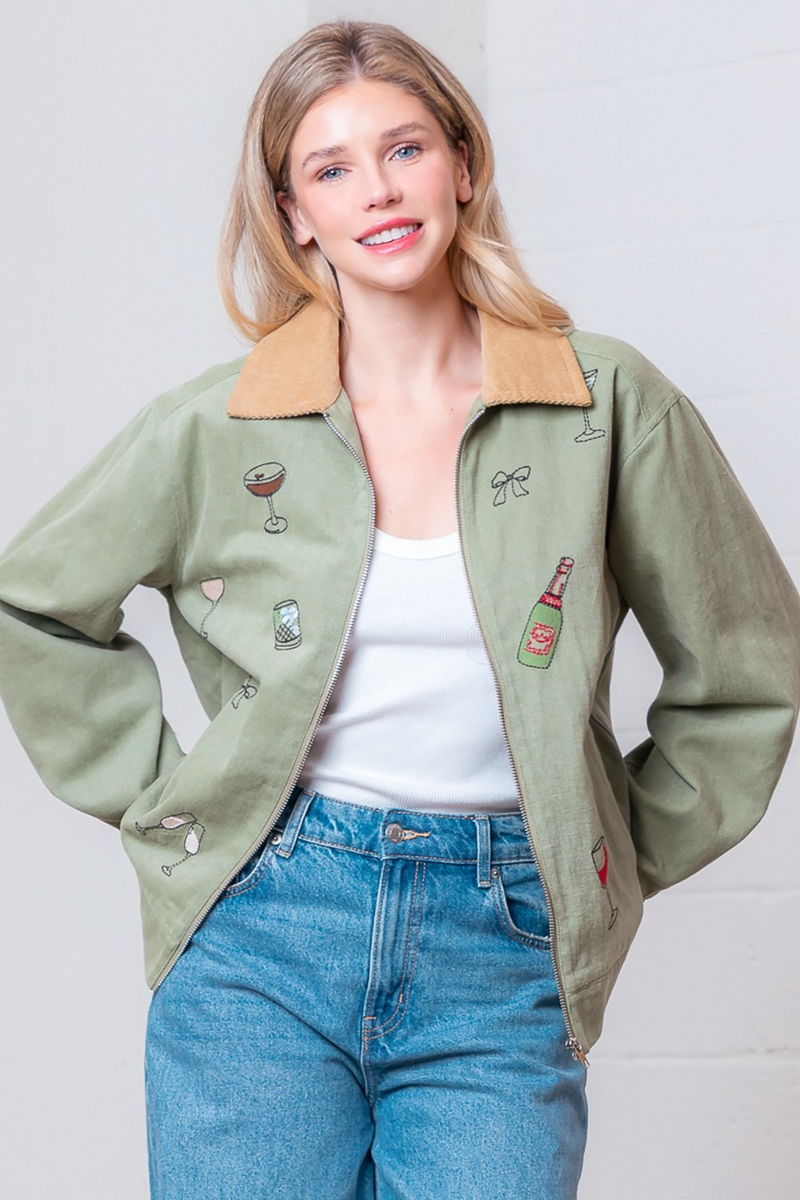 Light Gray Sip & Stitch Embroidered Jacket Jacket