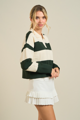 Light Gray Field Striped Polo Sweater in Hunter Green/Ivory Sweater