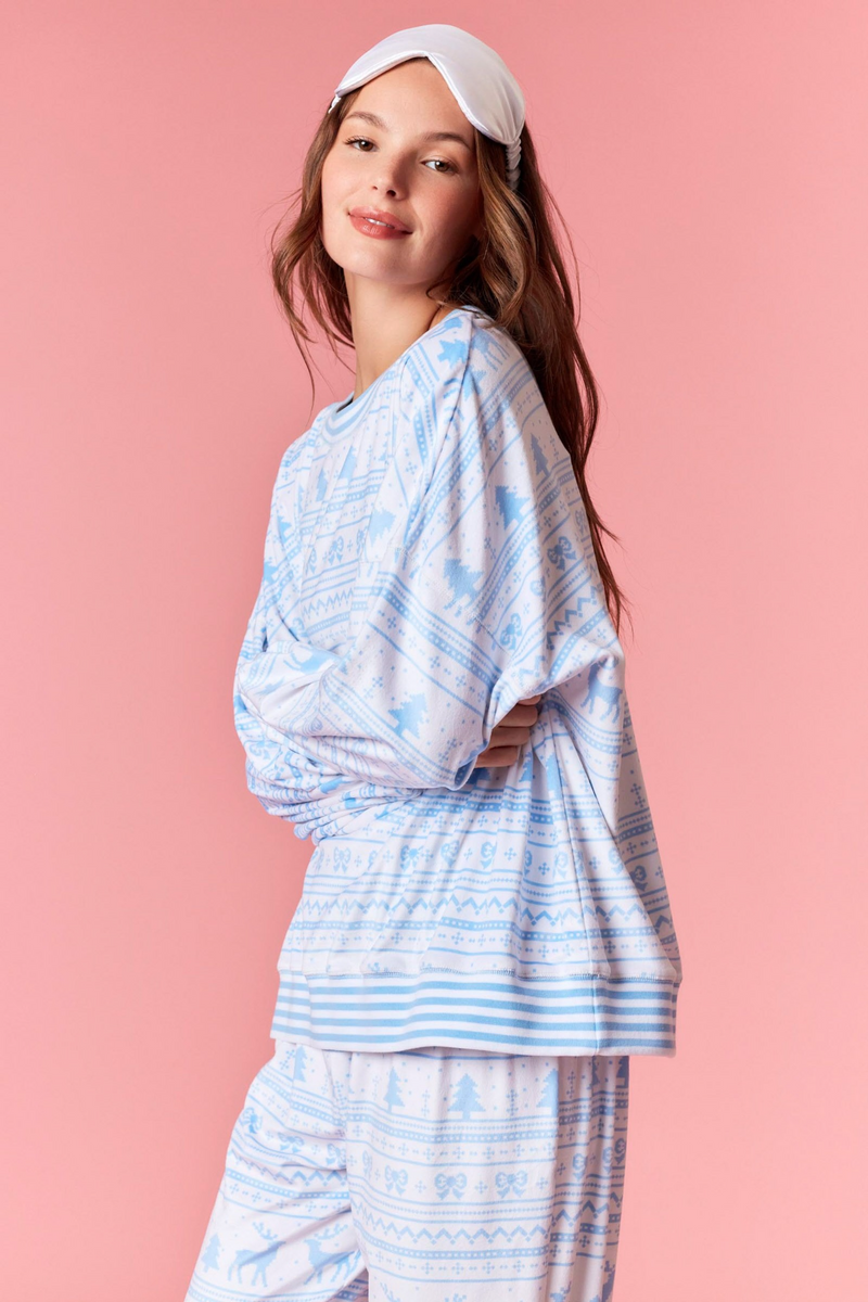 Light Pink Cozy Stripe Christmas Print Fleece Top Top