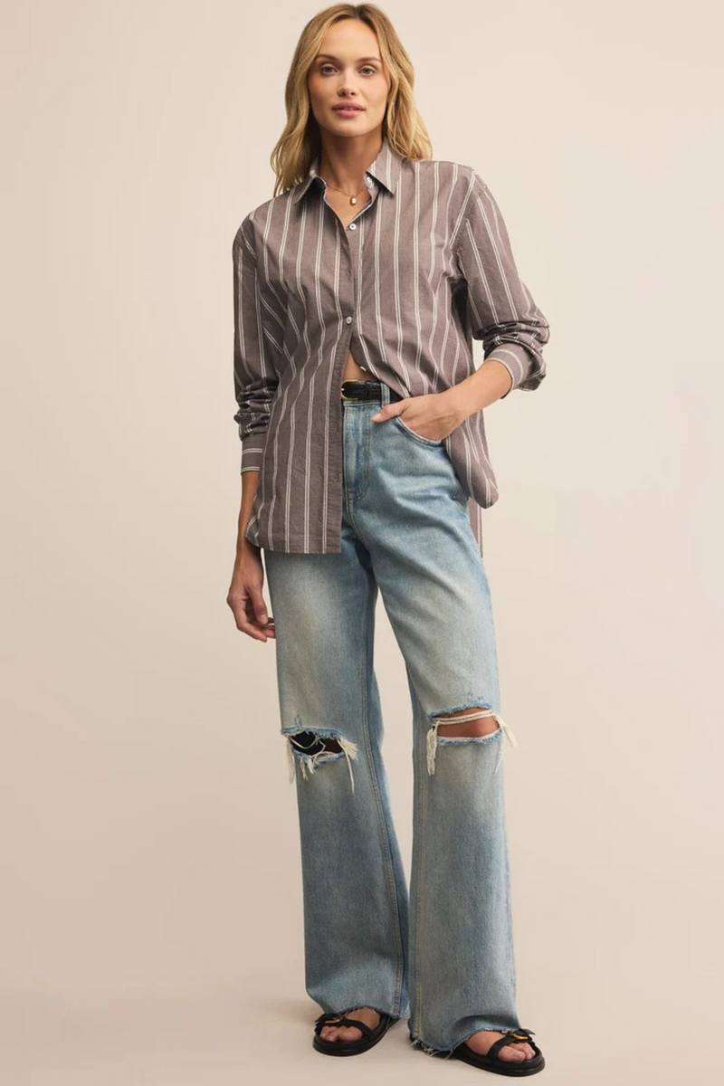 Light Gray Seaport Striped Poplin Button Up Shirt
