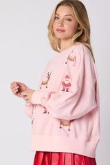 Light Gray Santa & Rudolph Cross Stitch Embroidery Sweatshirt Sweatshirt