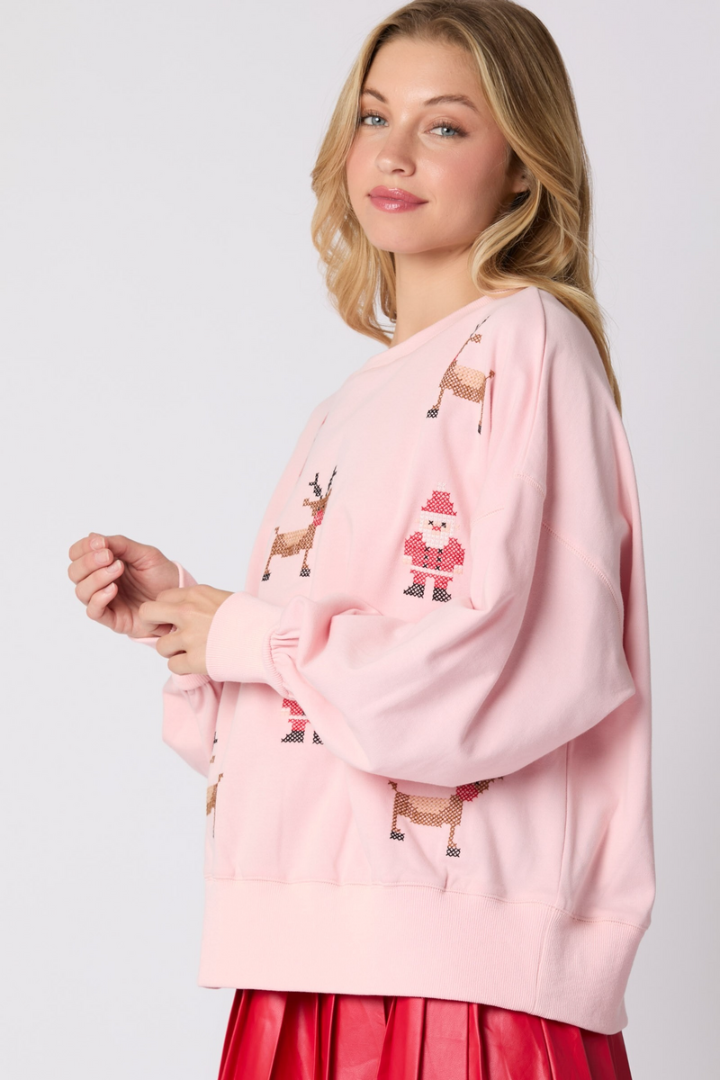 Light Gray Santa & Rudolph Cross Stitch Embroidery Sweatshirt Sweatshirt
