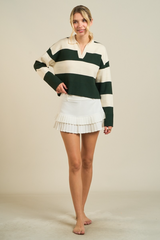 Gray Field Striped Polo Sweater in Hunter Green/Ivory Sweater
