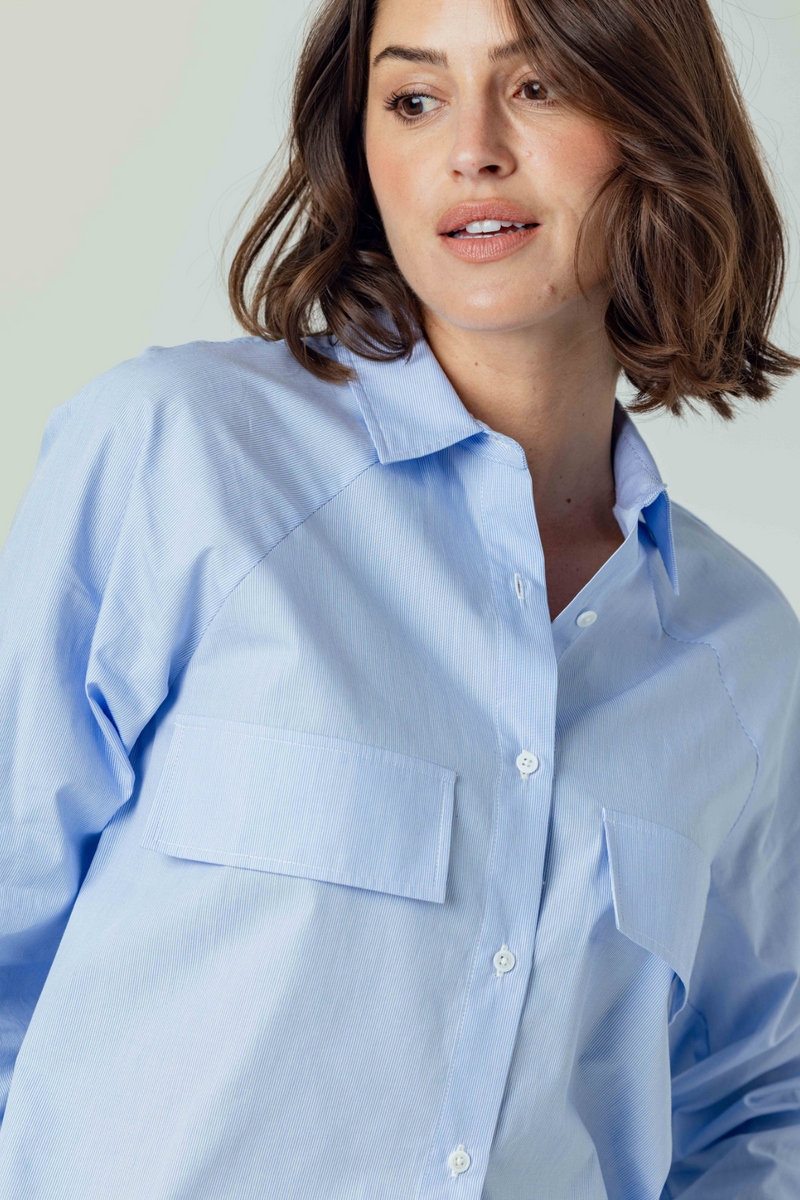Light Steel Blue Rochelle Shirt in Della Blue Stripe Top