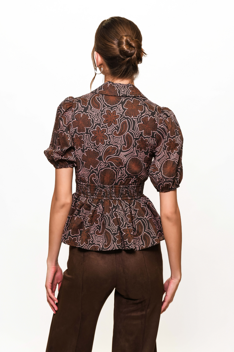 Beige Fowler Top in Black/Copper Rodeo Stippled Floral Top