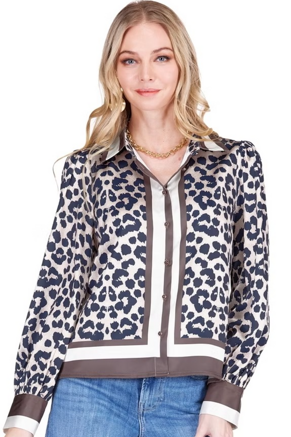 Light Gray Puff Sleeve Blouse in Leopard Border Blouse