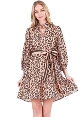 Light Pink Split Neck Flounce Dress in Brown Leopard Mini Dress