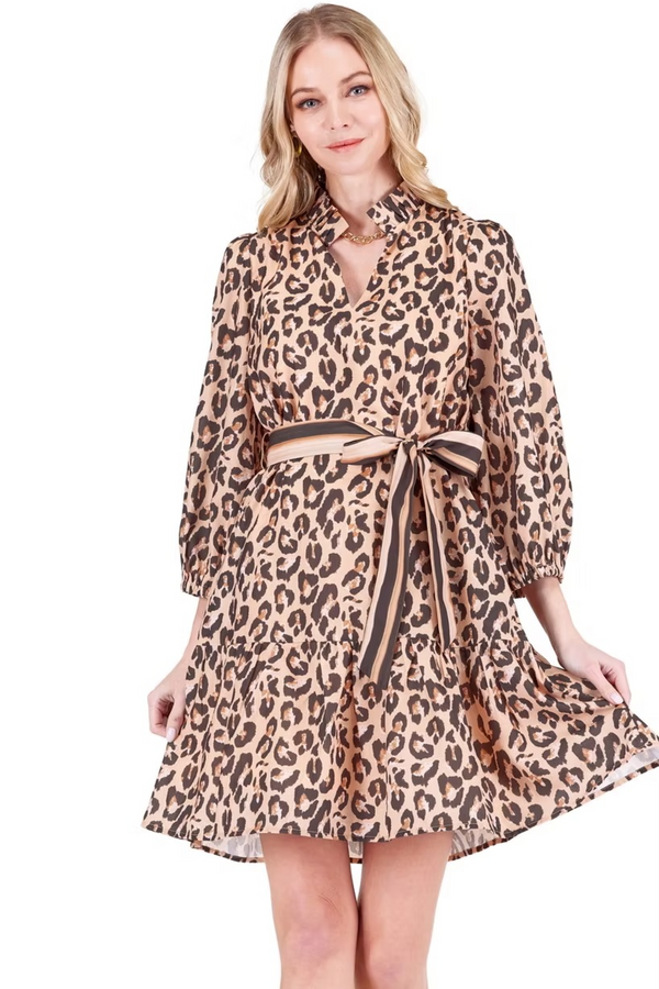 Light Pink Split Neck Flounce Dress in Brown Leopard Mini Dress