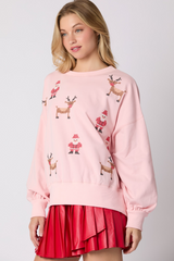 Light Gray Santa & Rudolph Cross Stitch Embroidery Sweatshirt Sweatshirt