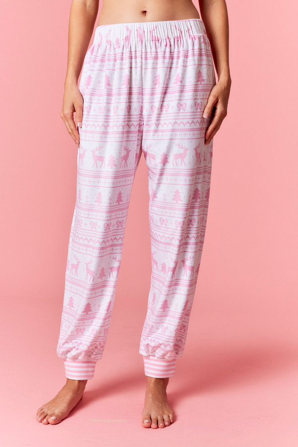 Light Pink Cozy Stripe Christmas Print Joggers Pant