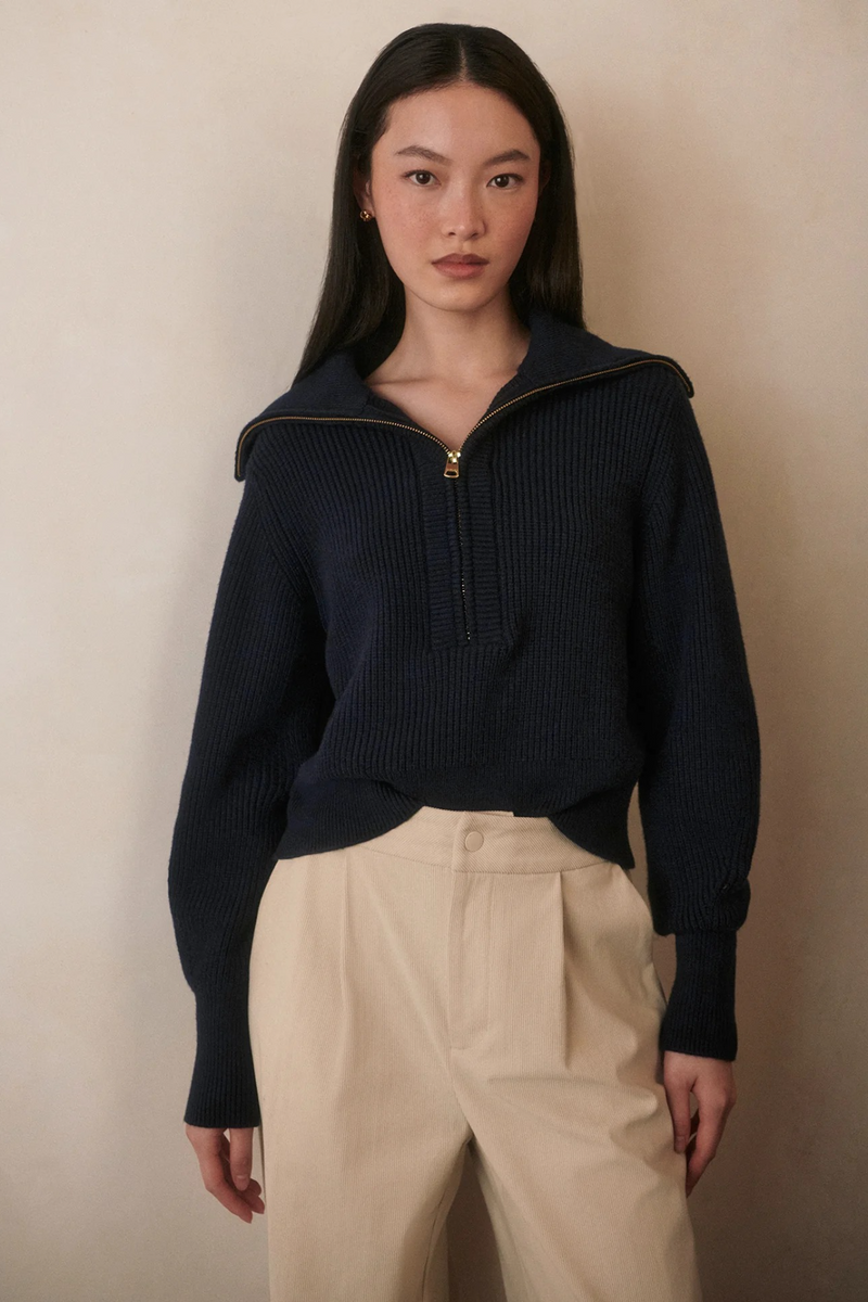 Tan Maura Half Zip Rib Knit Sweater