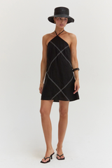 Light Gray Lena Contrast Stitch Halter Linen Mini Dress Mini Dress