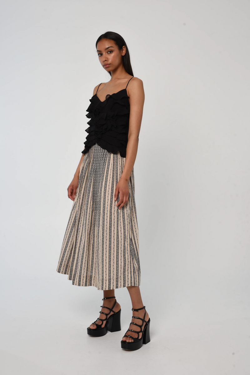 Light Gray Karina Skirt in Clara Stripe Print Midi Skirt