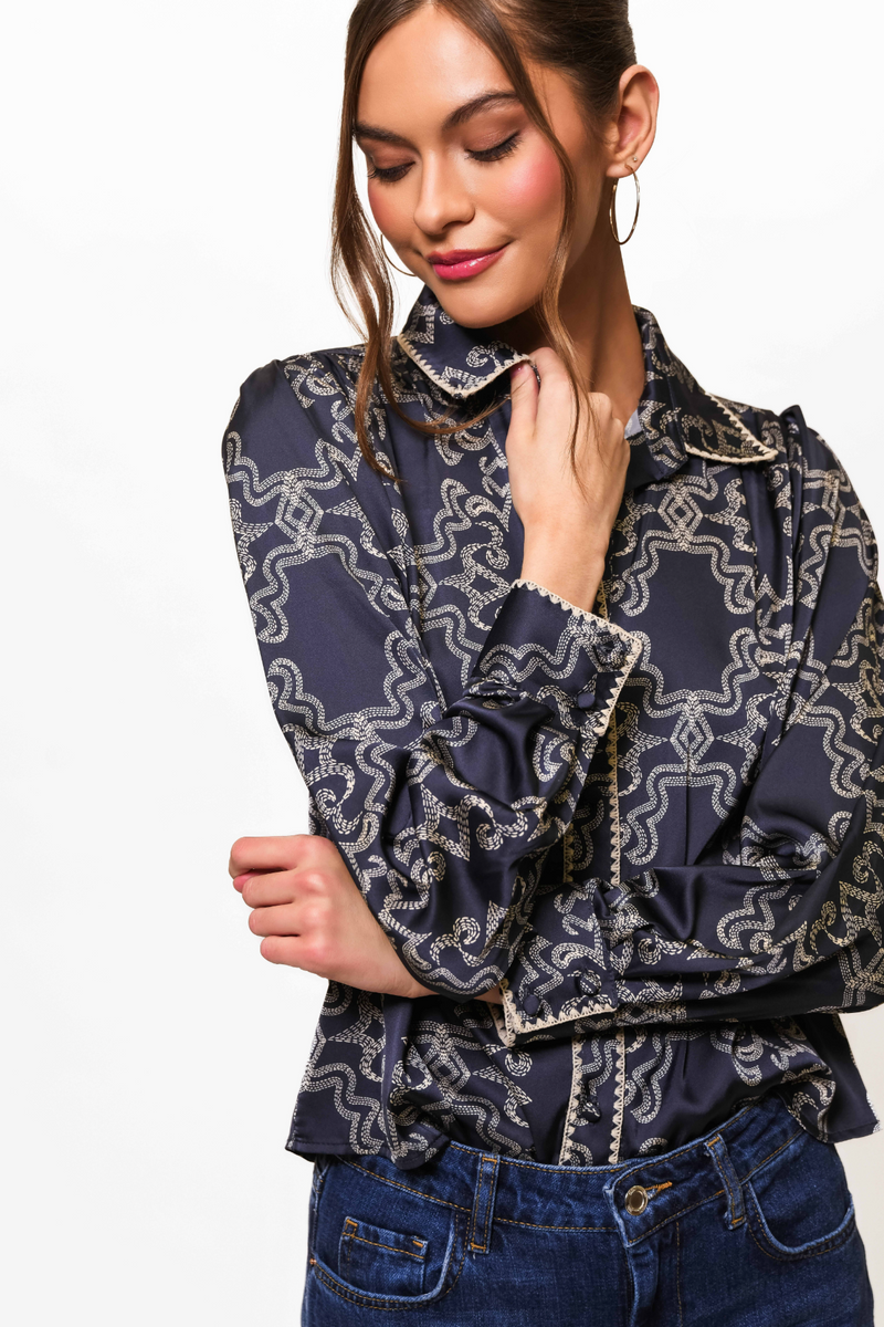Dark Slate Gray Kodie Top in Navy/Ivory Sketched Rodeo Top