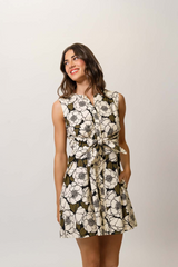 Light Gray Mio Dress in Black/Olive Flat Outline Poppies Mini Dress