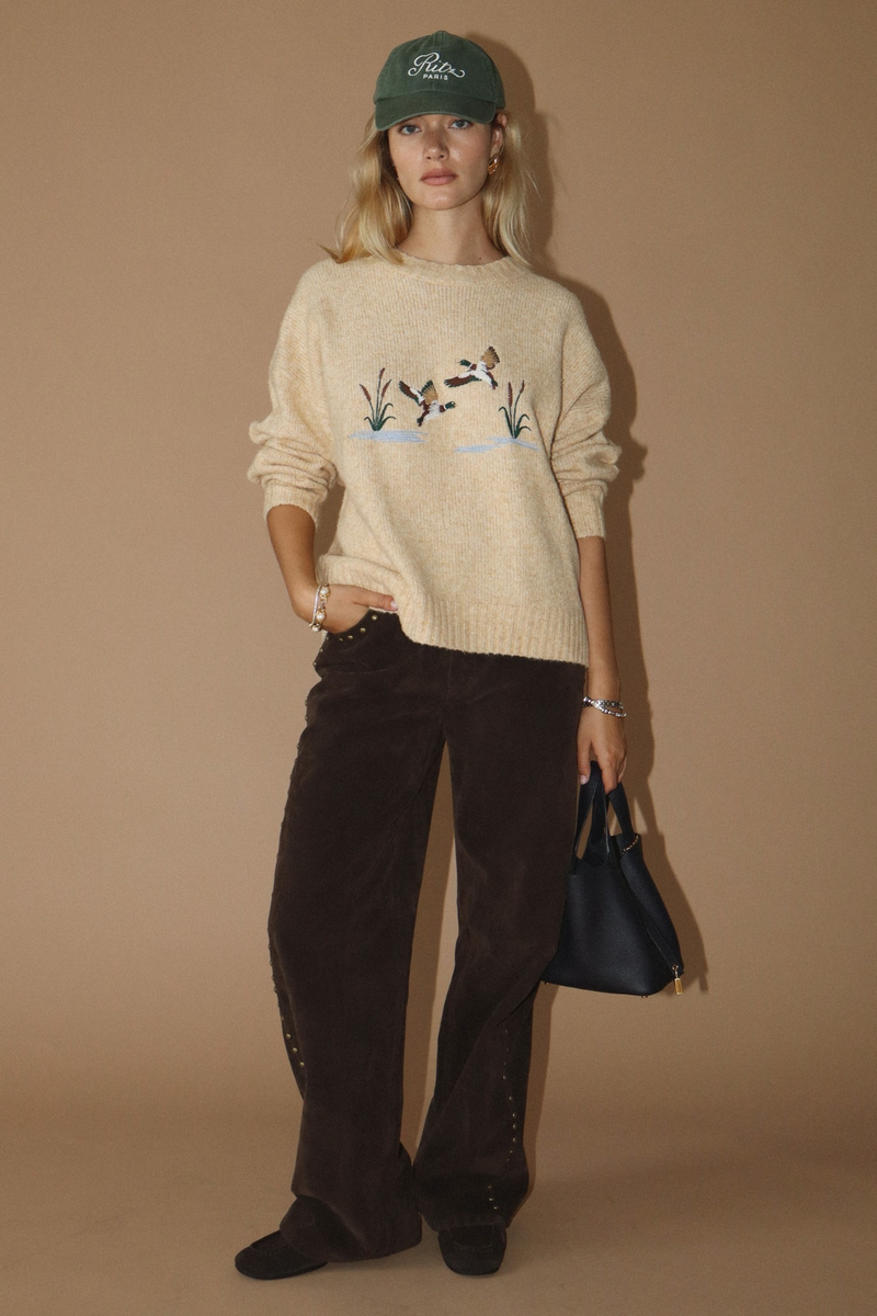 Dim Gray Duck Dreams Embroidered Sweater Sweater