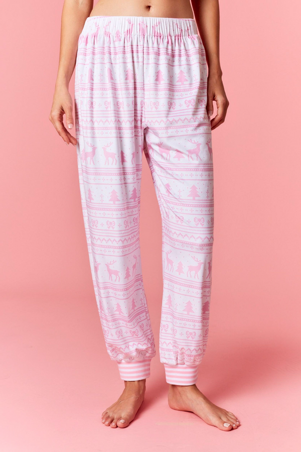 Light Pink Cozy Stripe Christmas Print Joggers Pant