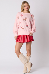 Light Gray Santa & Rudolph Cross Stitch Embroidery Sweatshirt Sweatshirt