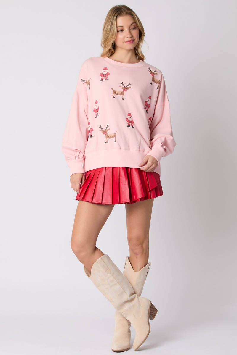 Light Gray Santa & Rudolph Cross Stitch Embroidery Sweatshirt Sweatshirt