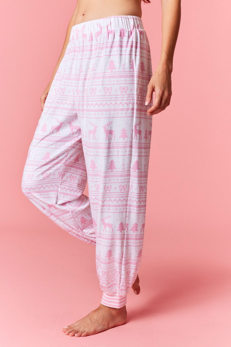 Light Pink Cozy Stripe Christmas Print Joggers Pant