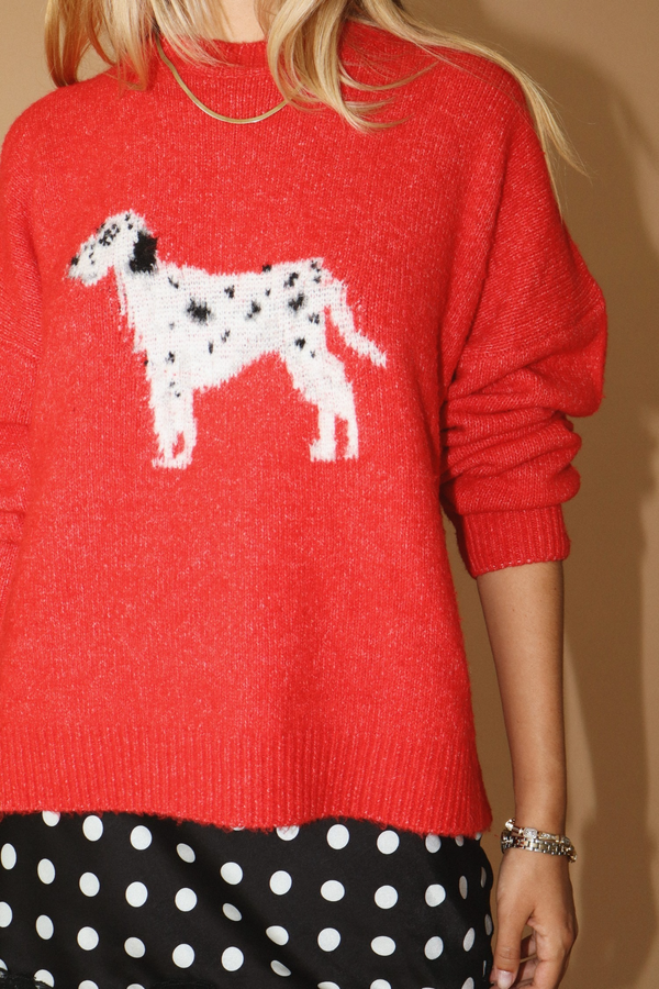 Firebrick Dalmatian Fuzzy Graphic Sweater Sweater