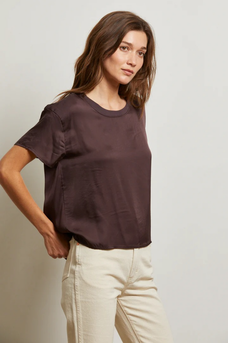 Dark Slate Gray Delphine Satin Crew Neck Tee Top