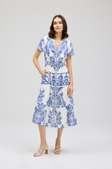 Light Gray Lizzy Dress in Porcelain Print Midi Dress