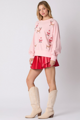 Light Gray Santa & Rudolph Cross Stitch Embroidery Sweatshirt Sweatshirt