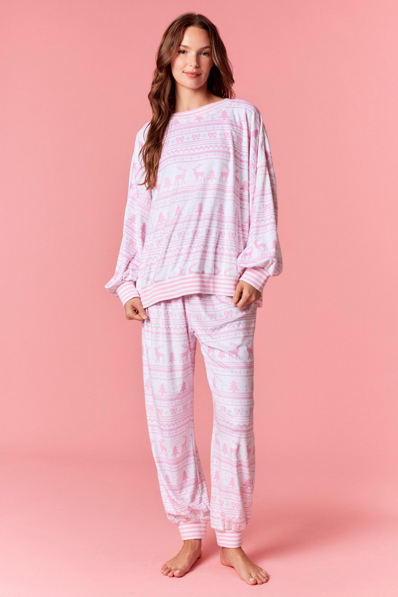 Light Pink Cozy Stripe Christmas Print Joggers Pant
