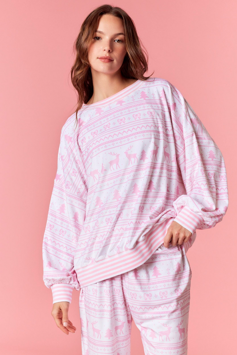 Light Pink Cozy Stripe Christmas Print Fleece Top Top