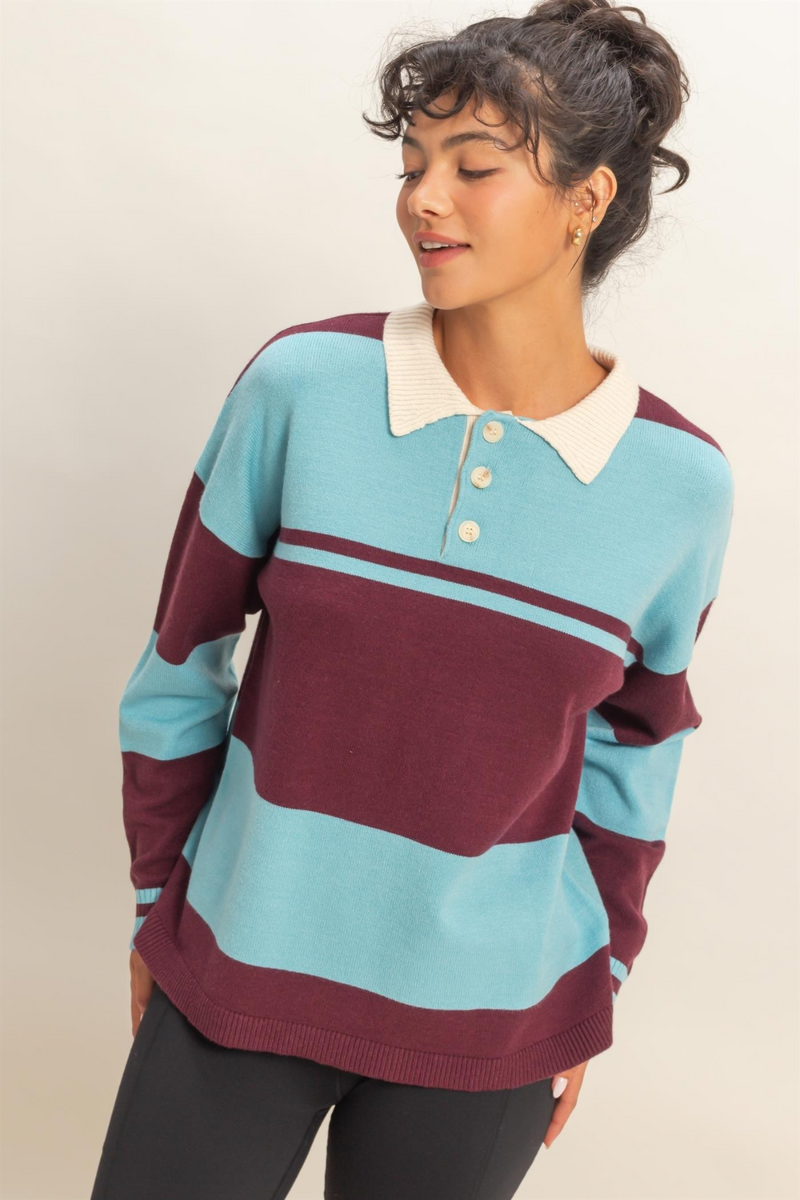 Light Gray Hazel Striped Polo Sweater in Dark Cherry/Sky Blue Sweater