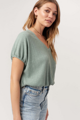 Light Gray Cerise V-Neck Bubble Rib Tee Top