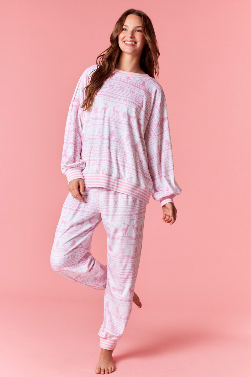 Light Pink Cozy Stripe Christmas Print Fleece Top Top