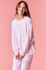 Light Pink Cozy Stripe Christmas Print Fleece Top Top