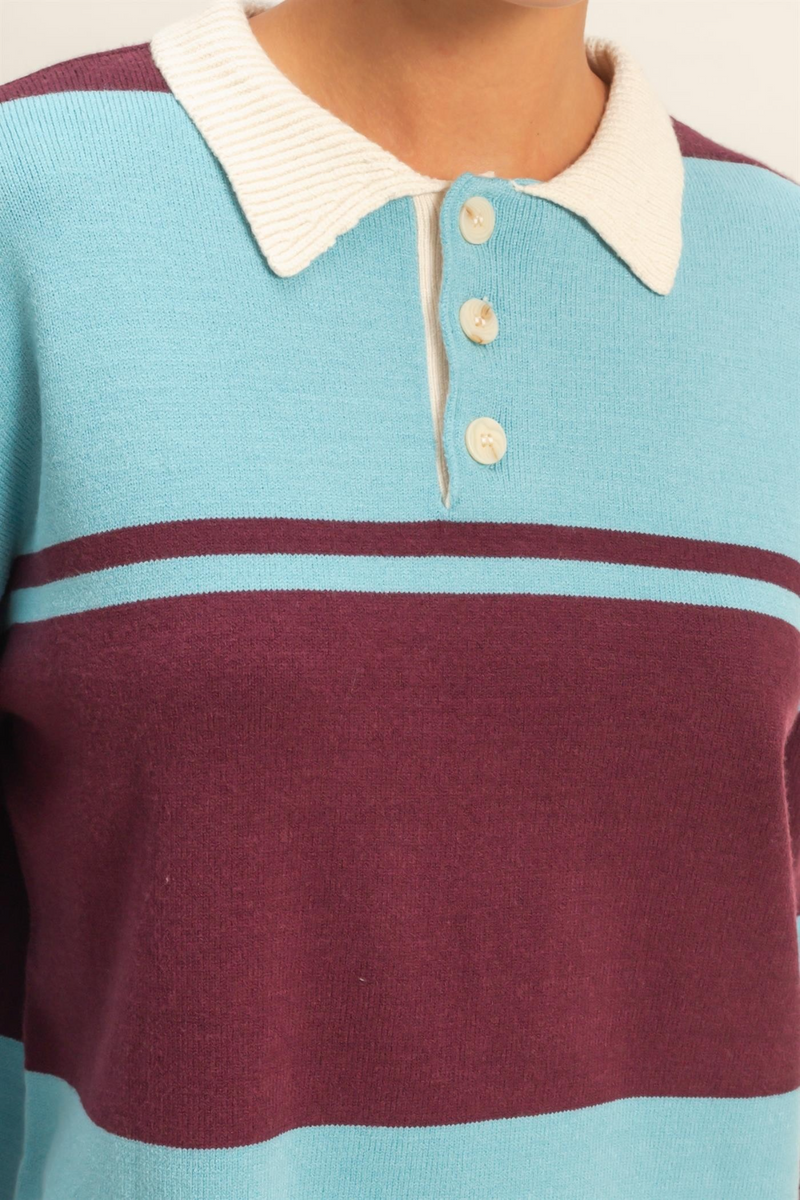 Saddle Brown Hazel Striped Polo Sweater in Dark Cherry/Sky Blue Sweater