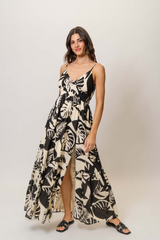 Light Gray Floral Maxi Dress in Black/Ivory Abstract Tropical Maxi Dress