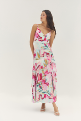 Light Gray Robina Dress in Mint/Multi Overlay Tropical Maxi Dress