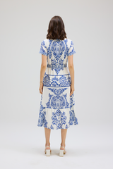 Light Gray Lizzy Dress in Porcelain Print Midi Dress