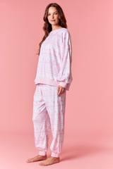 Light Pink Cozy Stripe Christmas Print Fleece Top Top