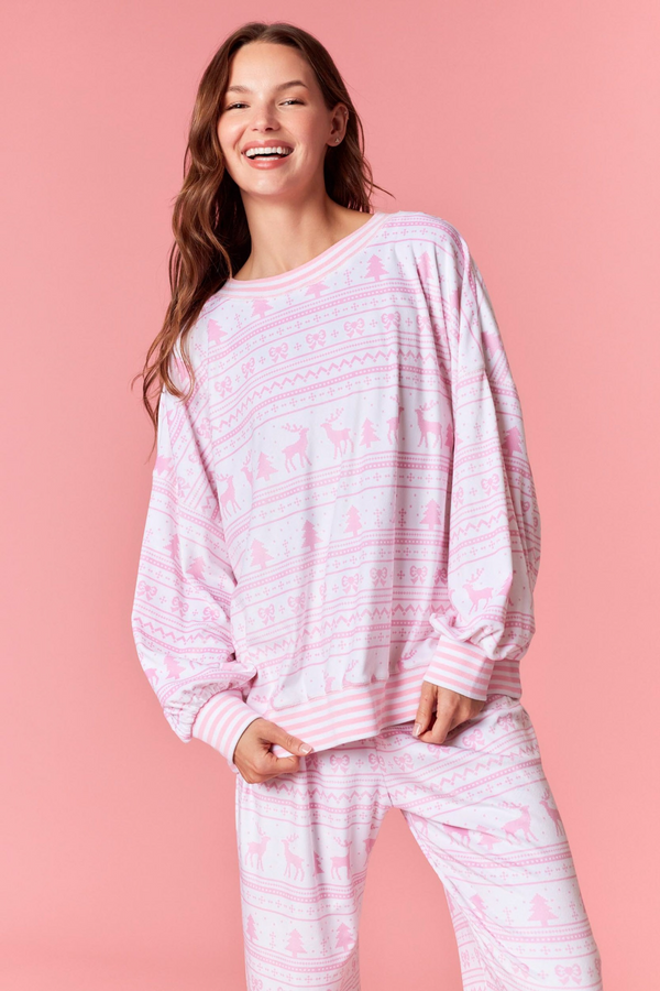Light Pink Cozy Stripe Christmas Print Fleece Top Top