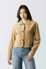 Light Gray Cinnamon Crunch Real Suede Cropped Blazer Jacket