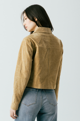 Light Gray Cinnamon Crunch Real Suede Cropped Blazer Jacket
