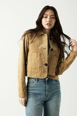 Antique White Cinnamon Crunch Real Suede Cropped Blazer Jacket