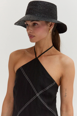 Black Lena Contrast Stitch Halter Linen Mini Dress Mini Dress