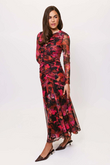 Misty Rose Ramy Ruched Maxi Dress in Pink Multi Abstract Paint Maxi Dress