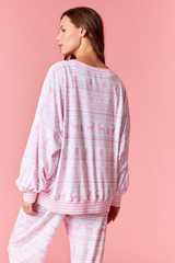 Light Pink Cozy Stripe Christmas Print Fleece Top Top