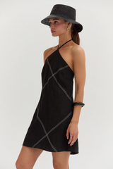 Light Gray Lena Contrast Stitch Halter Linen Mini Dress Mini Dress