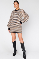 Antique White Marion Sweater Dress in Black Geo Knit Mini Dress